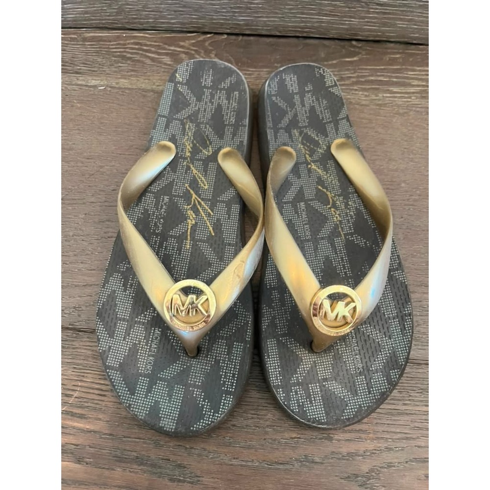 Michael Kors MK Gold Thong Flip Flops Women's Size 7M Black Logo Sandals